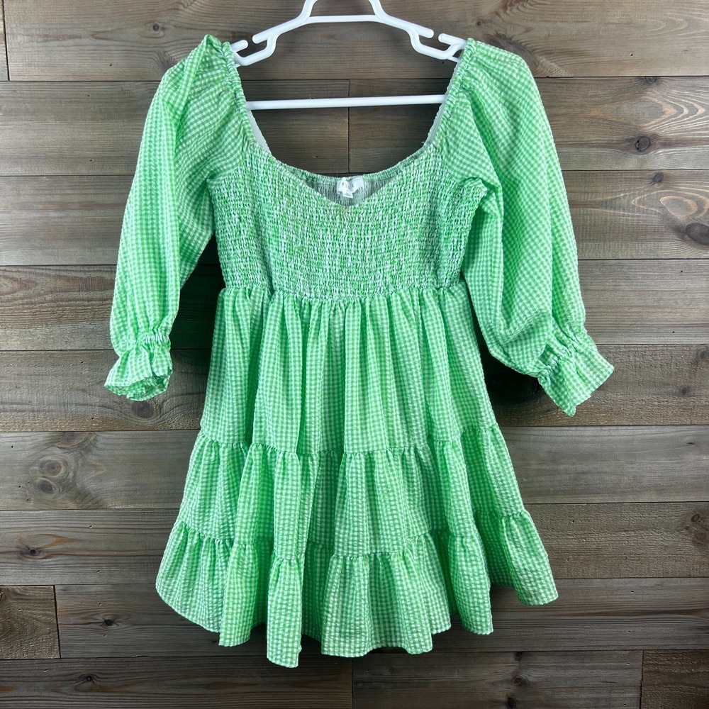 Mable Womens Dress Smocked Gingham Plaid Mini Babydoll Cottagecore Green‎ Large